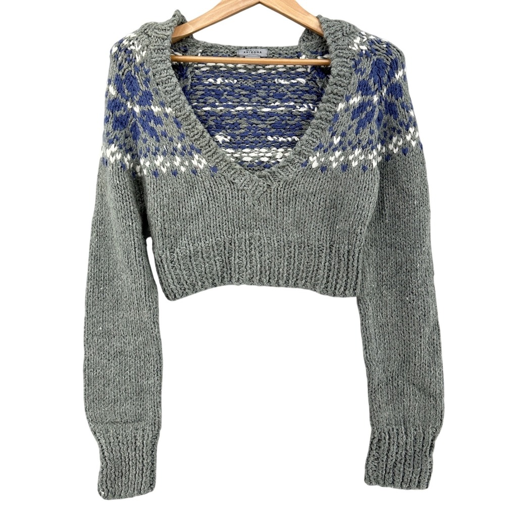 Y2K Arizona Jean Company Fair Isle Hooded Cropped Knit Sweater Gray Women XL VTG